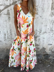 Full Size Printed V-Neck Sleeveless Dress Plus Size Tangerine / S