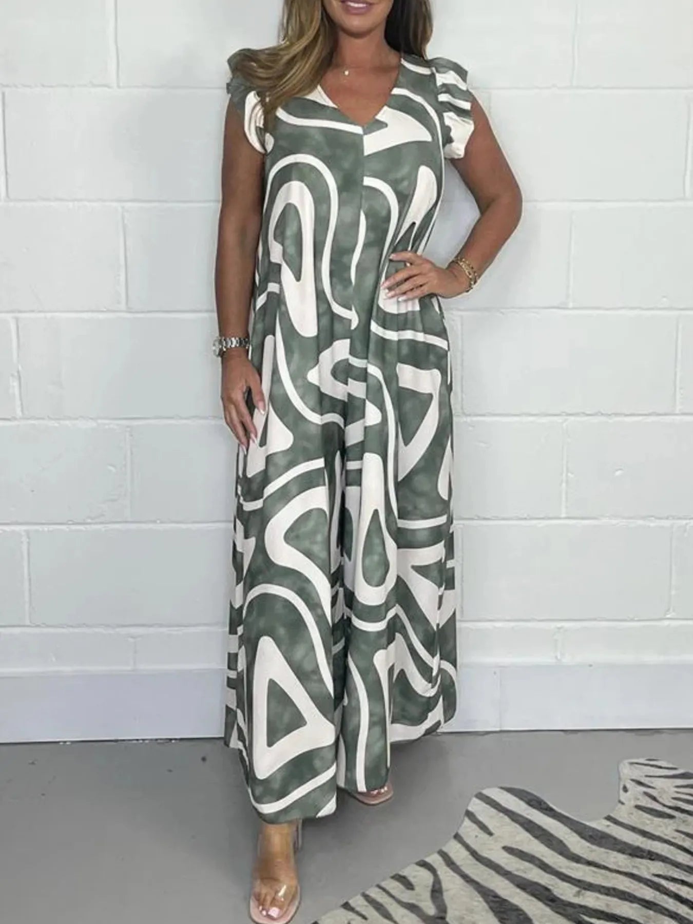 Full Size Printed Wide-Leg Jumpsuit with Flutter Sleeves Plus Size Green / S