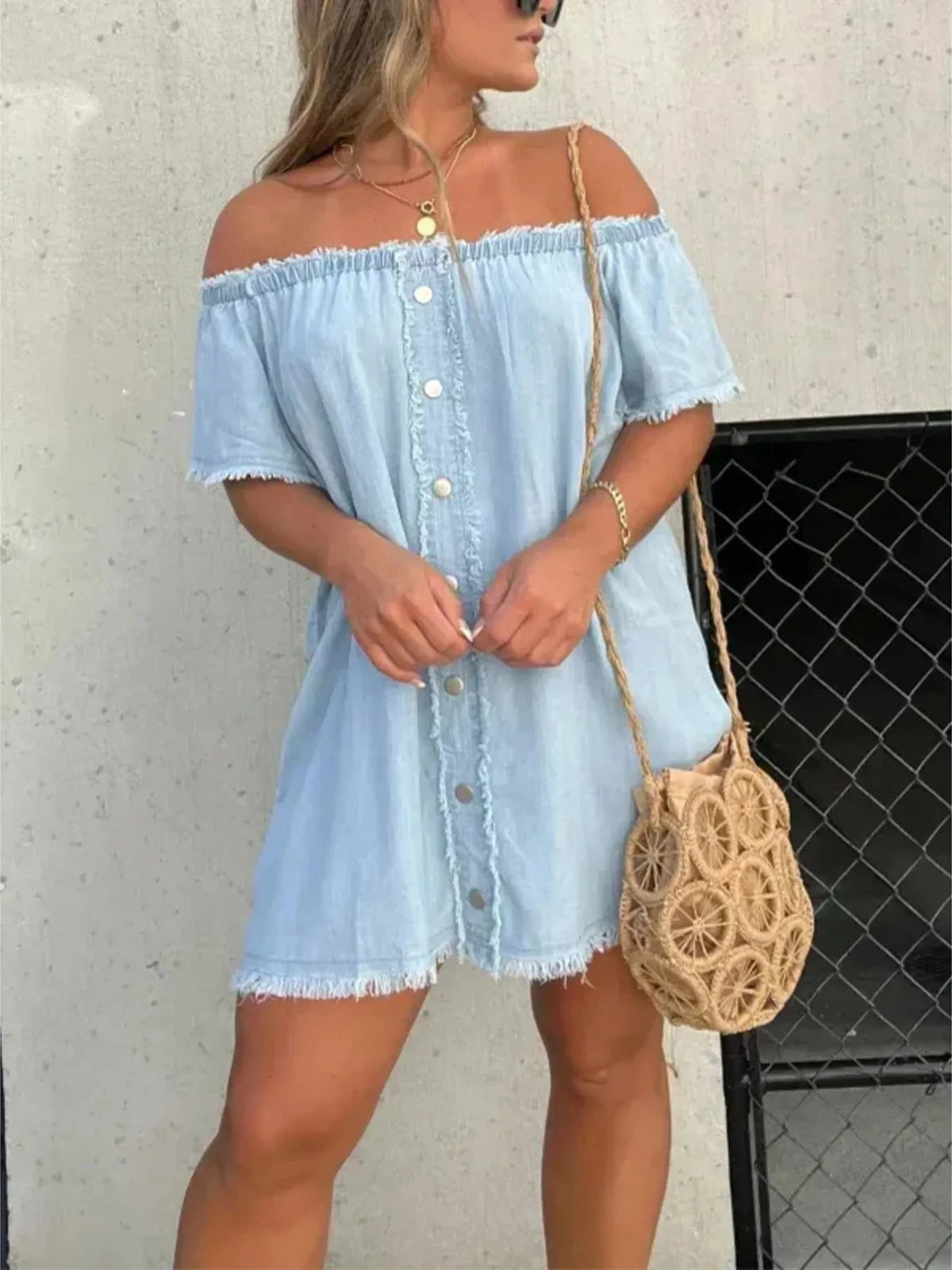 Full Size Raw Hem Mini Denim Dress Plus Size Light Blue / S