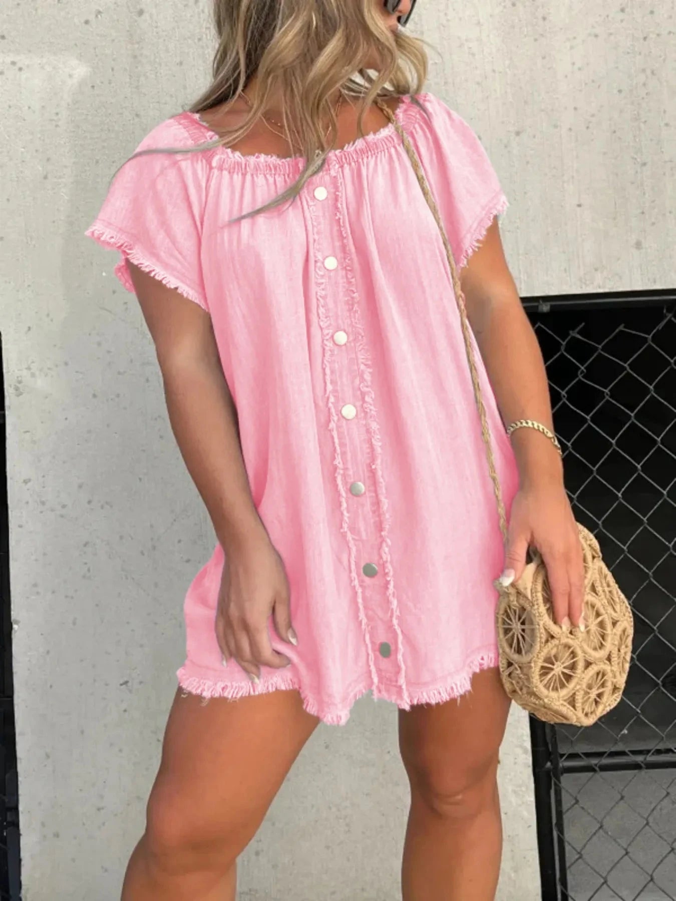 Full Size Raw Hem Mini Denim Dress Plus Size Pink / S