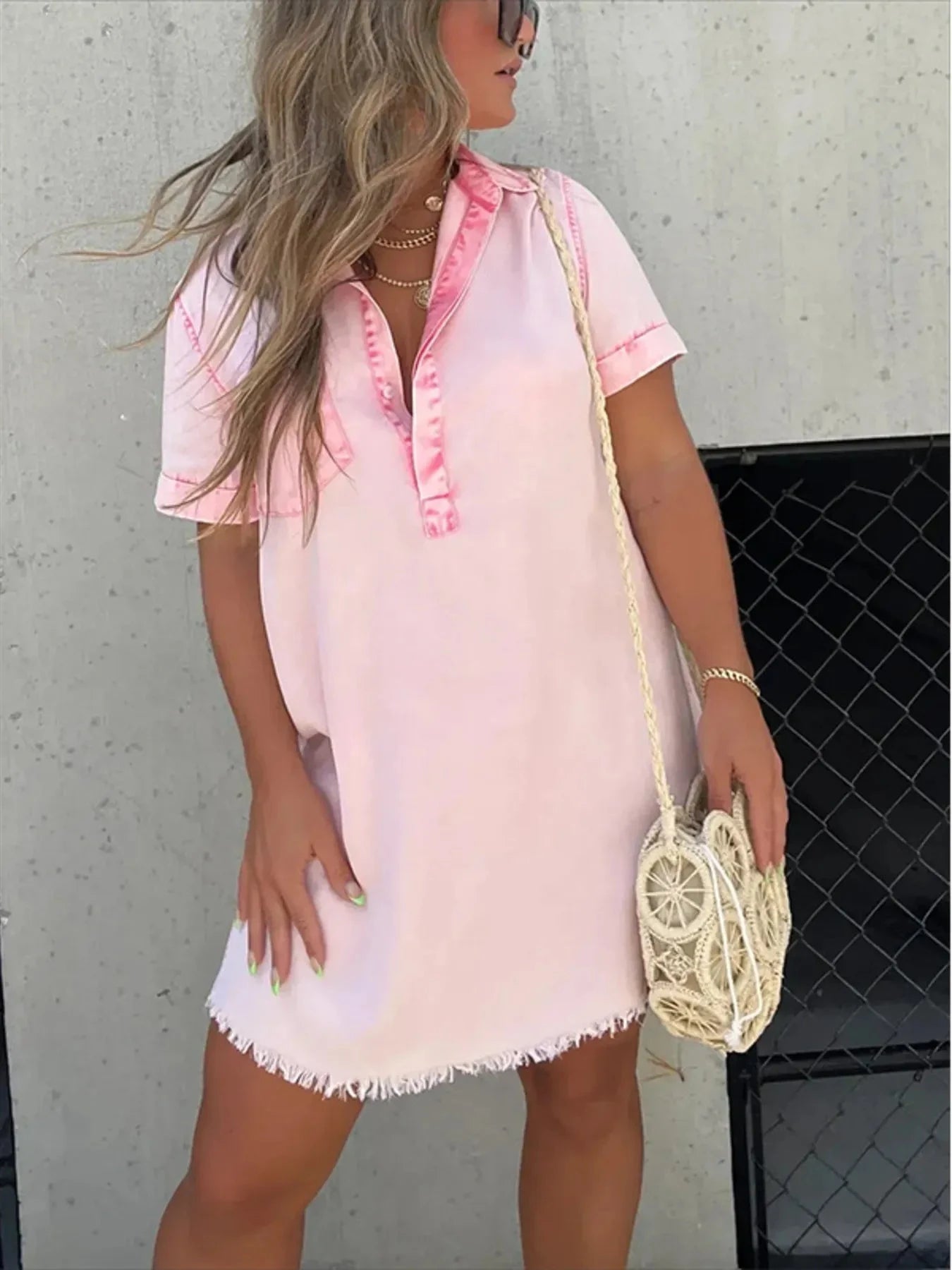 Full Size Raw Hem Short Sleeve Denim Dress Plus Size