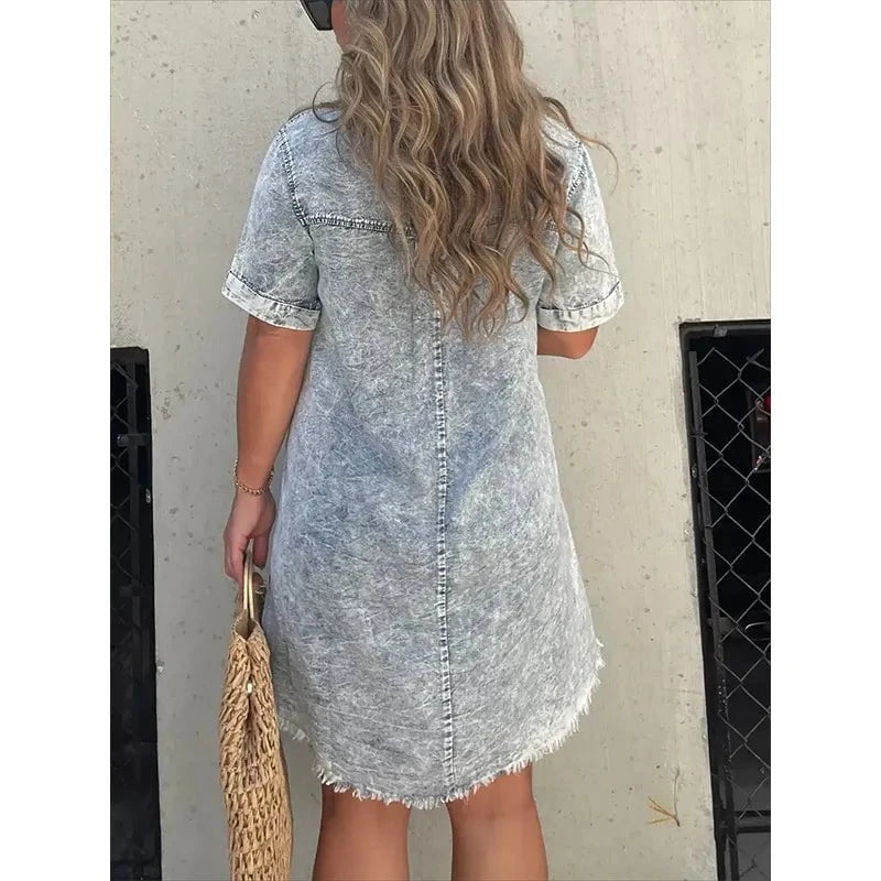 Full Size Raw Hem Short Sleeve Denim Dress Plus Size