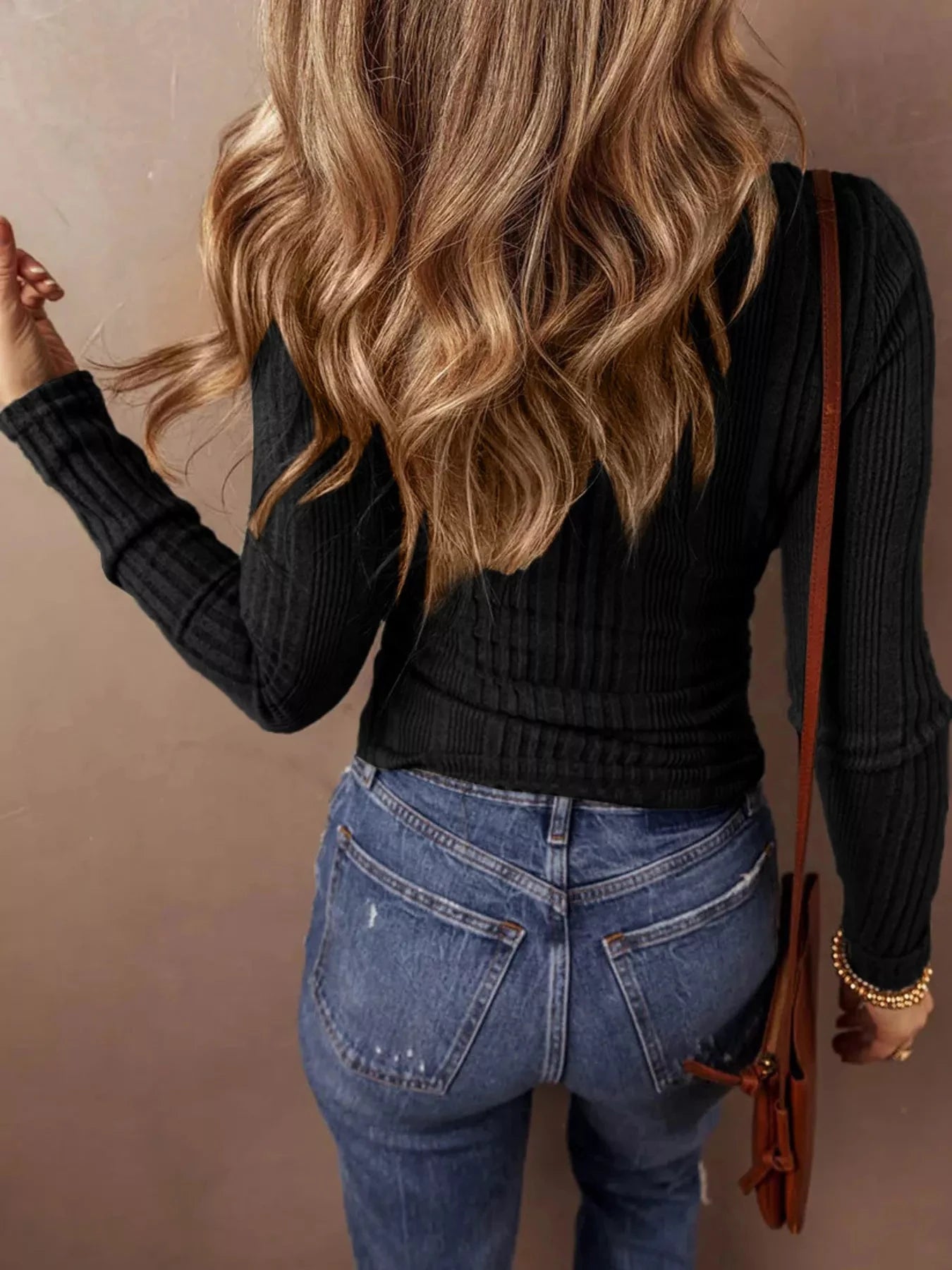 Full Size Ribbed Knit Button-Front Long Sleeve Top Plus Size