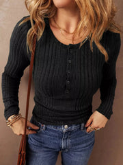 Full Size Ribbed Knit Button-Front Long Sleeve Top Plus Size Black / S