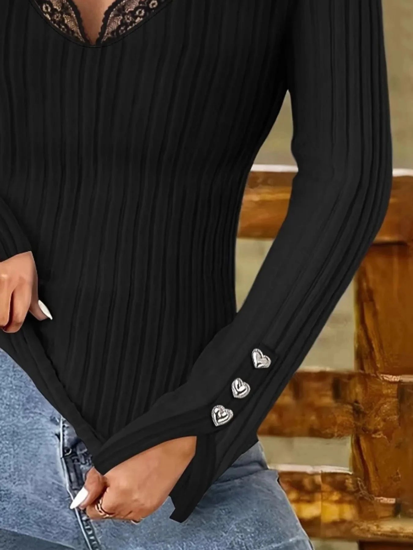 Full Size Ribbed V-Neck Lace Trim Long Sleeve T-Shirt Plus Size