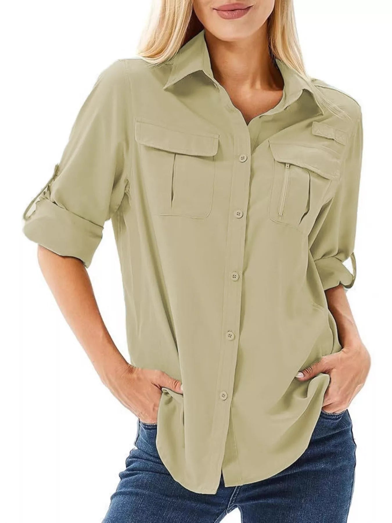 Full Size Roll-Up Sleeve Button Up Shirt Plus Size Sage / XS