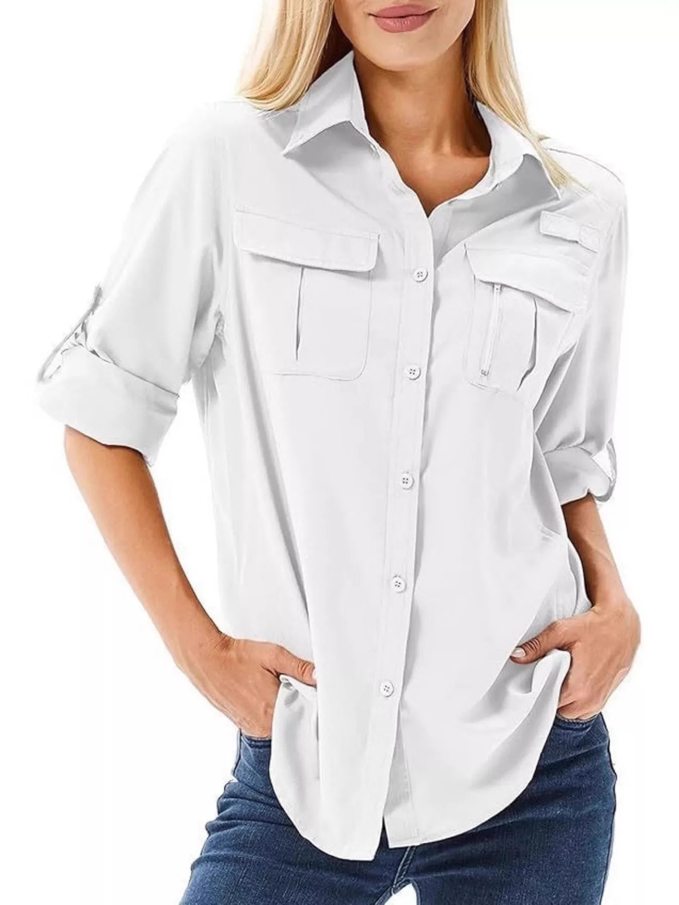 Full Size Roll-Up Sleeve Button Up Shirt Plus Size White / XS