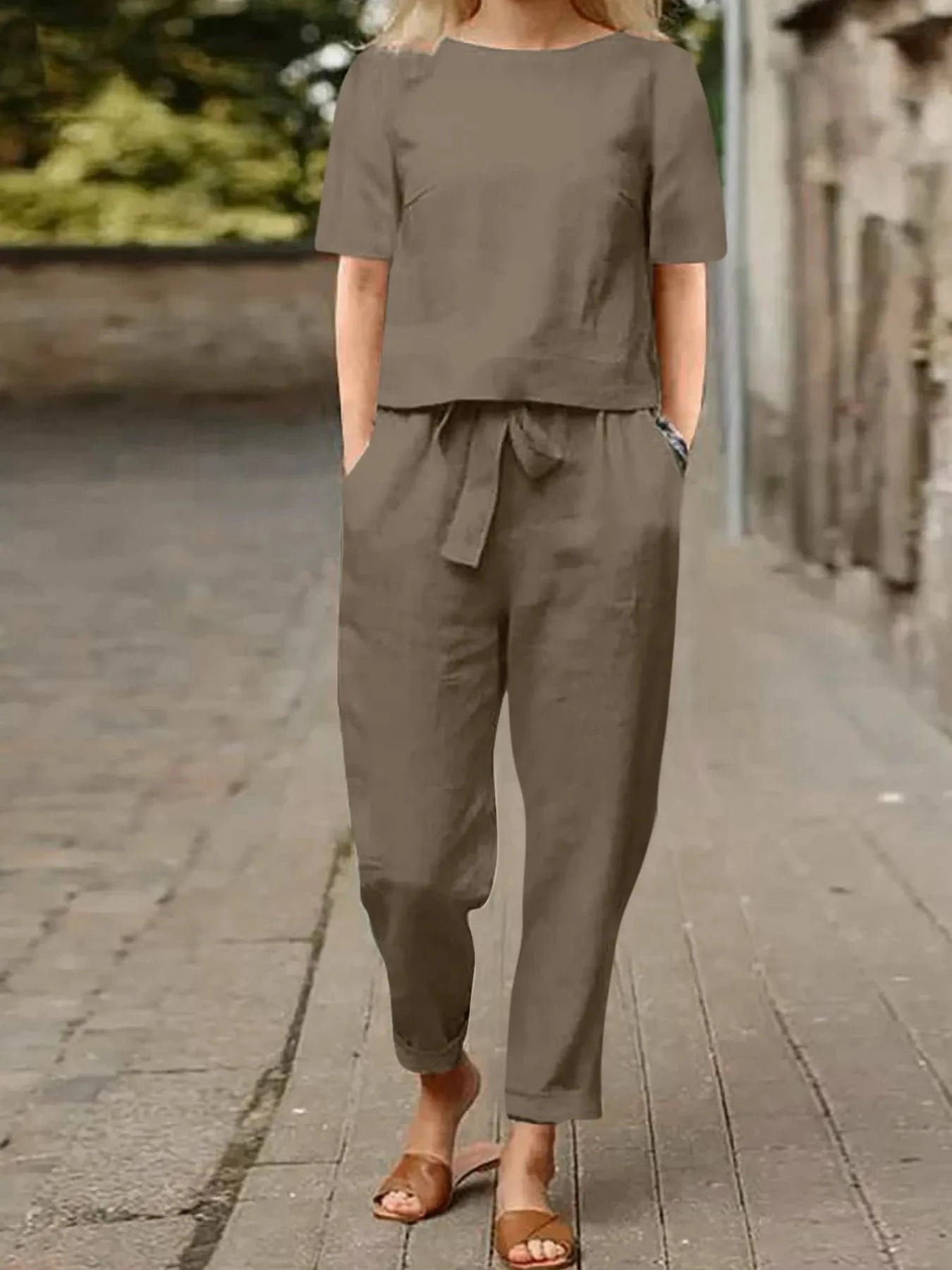 Full Size Round Neck Short Sleeve Top and Pants Set Plus Size Deep Khaki / S