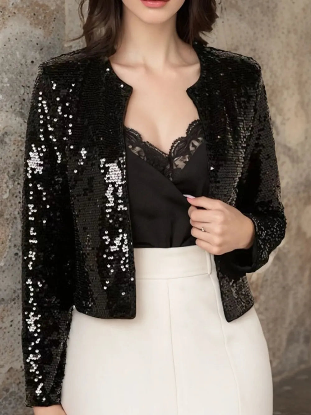 Full Size Sequin Open Front Cropped Jacket Black / S