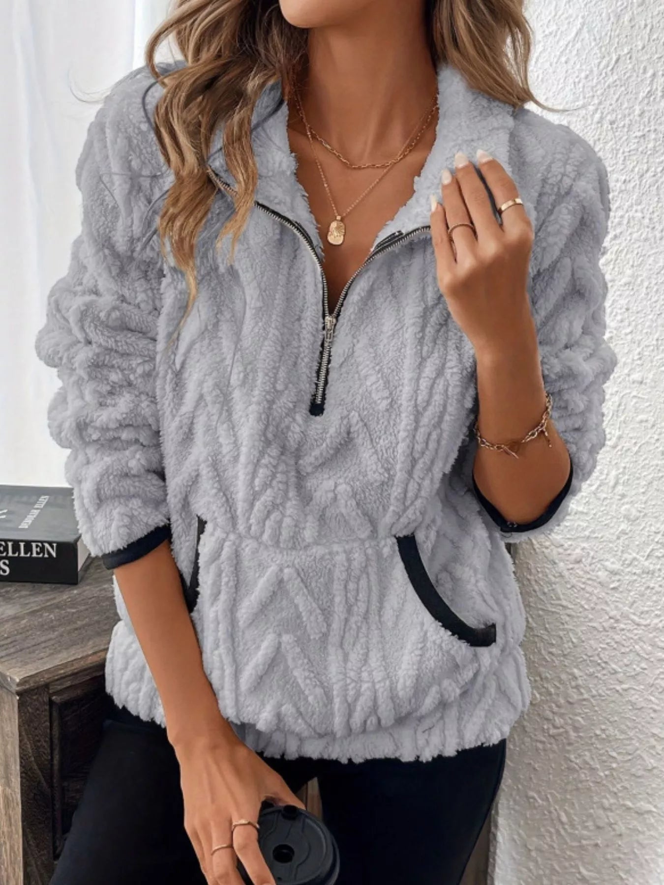 Full Size Sherpa Half Zip Sweatshirt Plus Size Light Gray / S