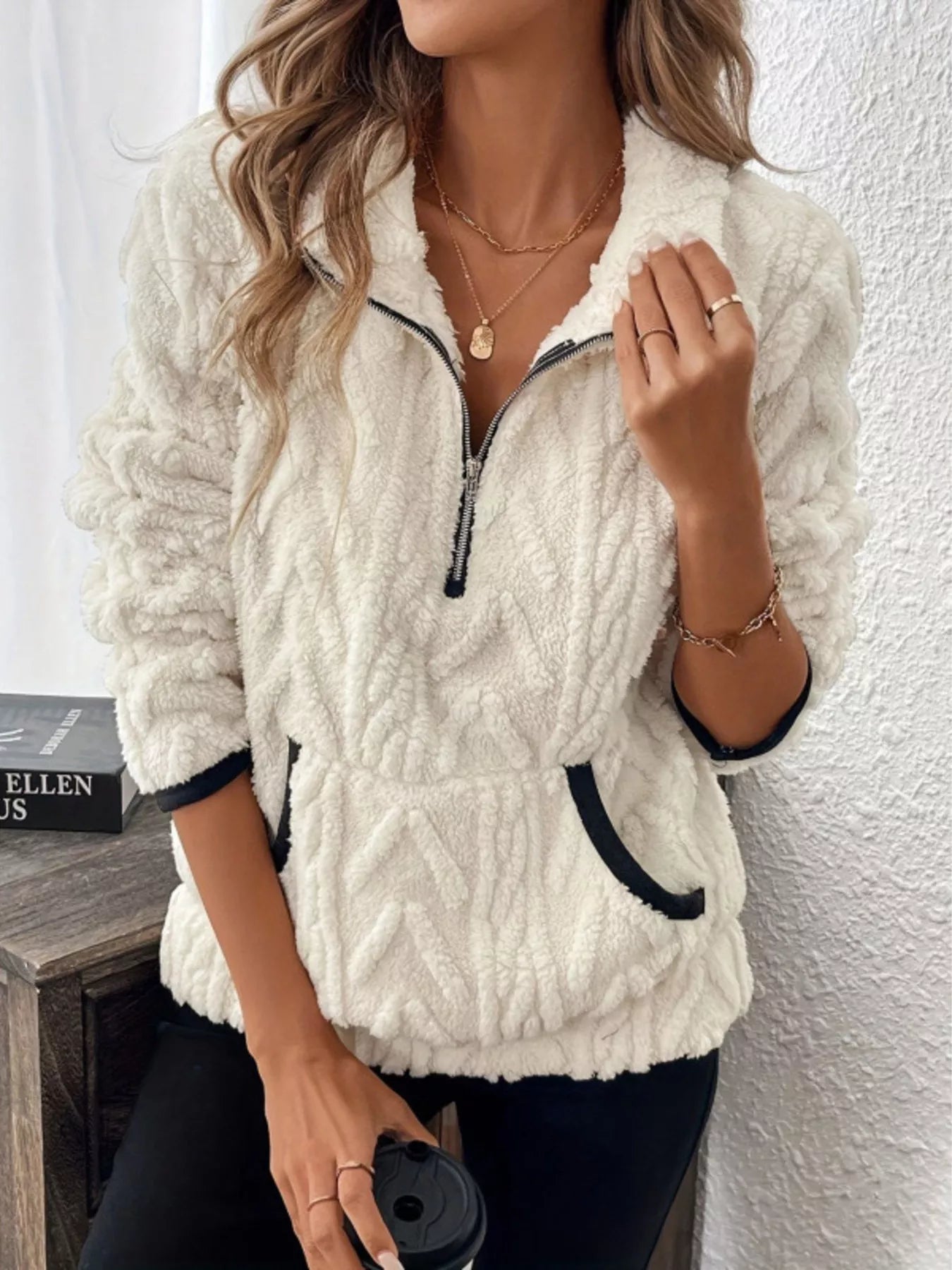 Full Size Sherpa Half Zip Sweatshirt Plus Size White / S