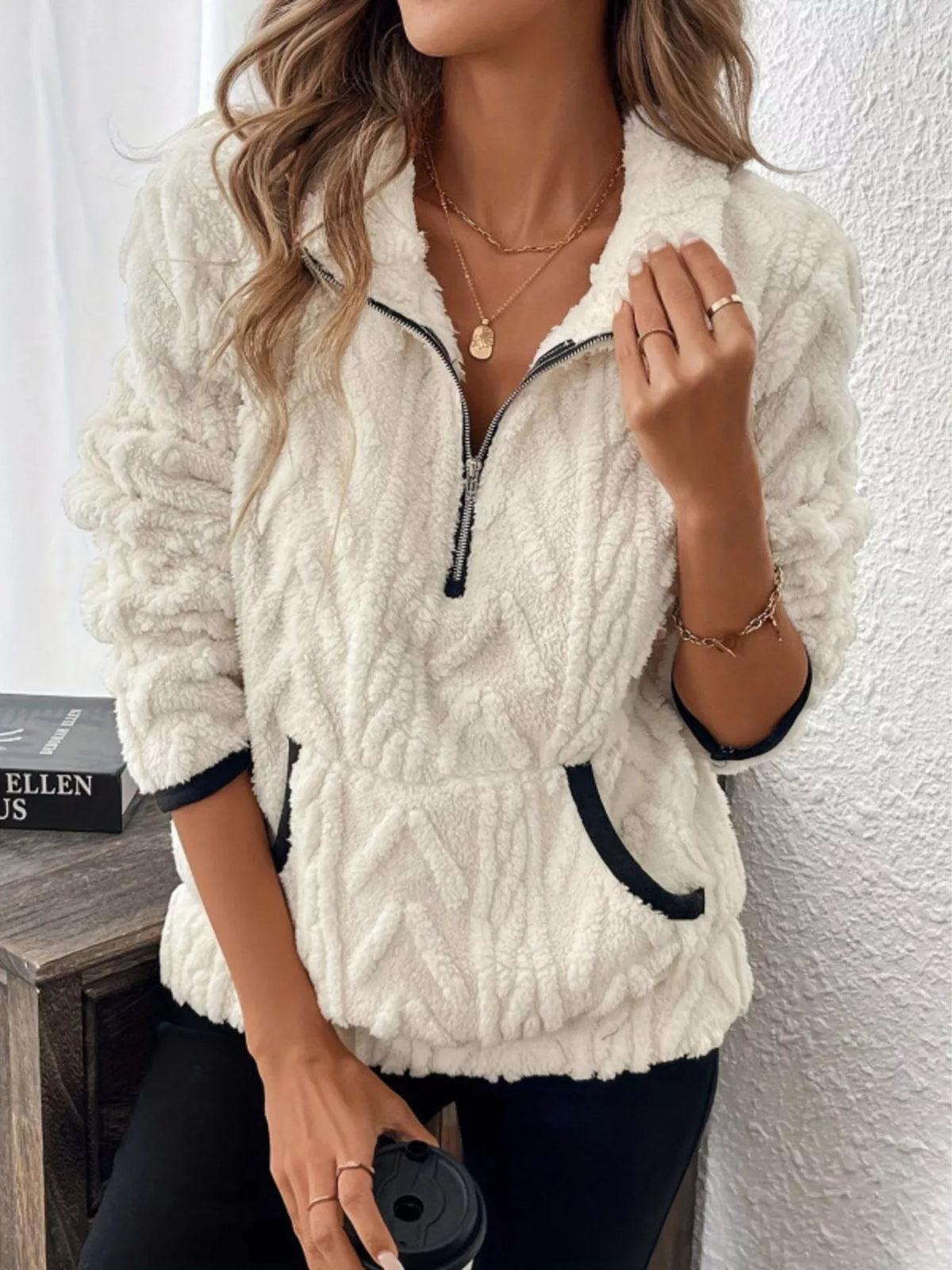 Full Size Sherpa Half Zip Sweatshirt Plus Size White / S