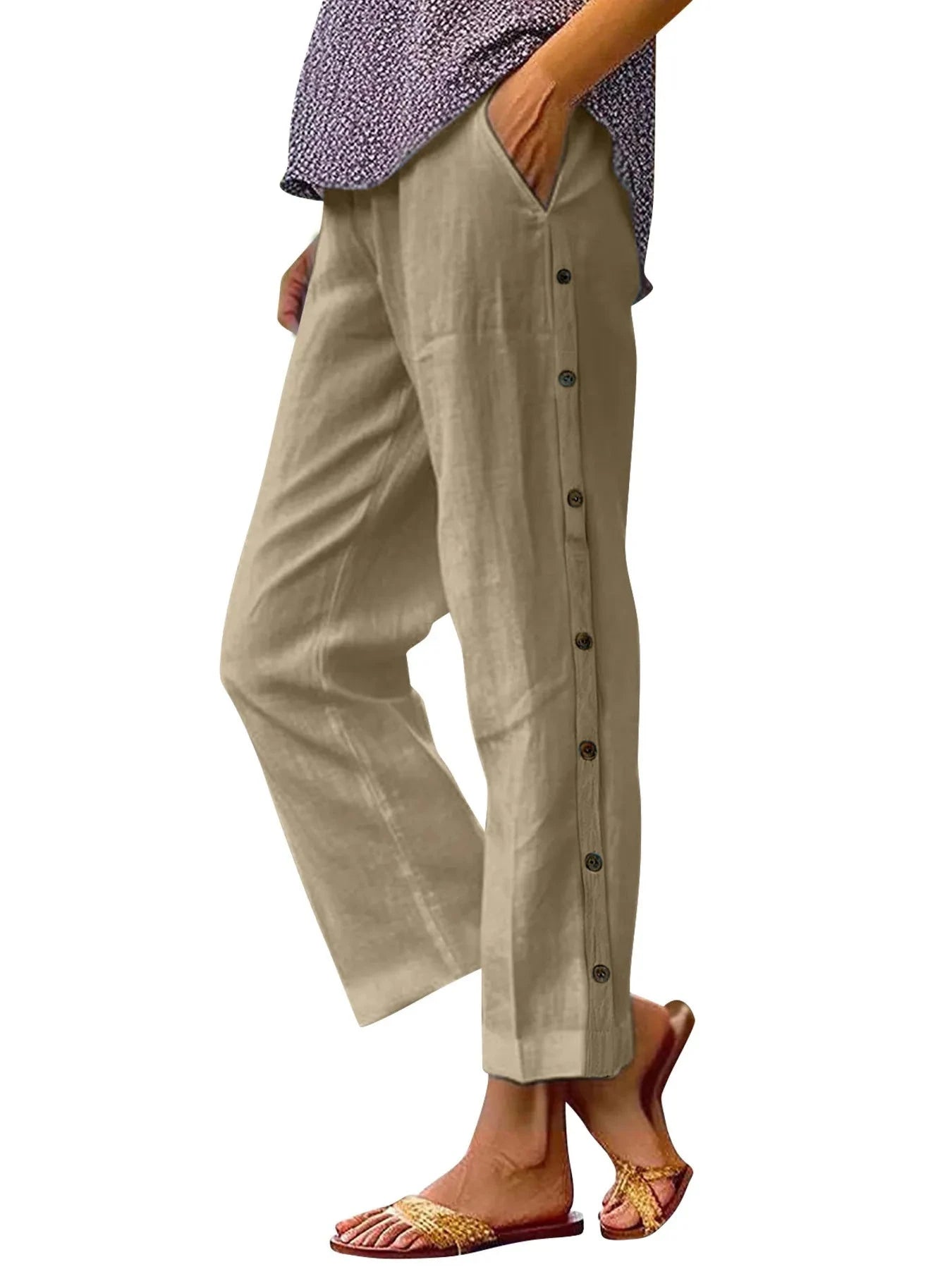 Full Size Side Decor Button Casual Wide Leg Pants Plus Size