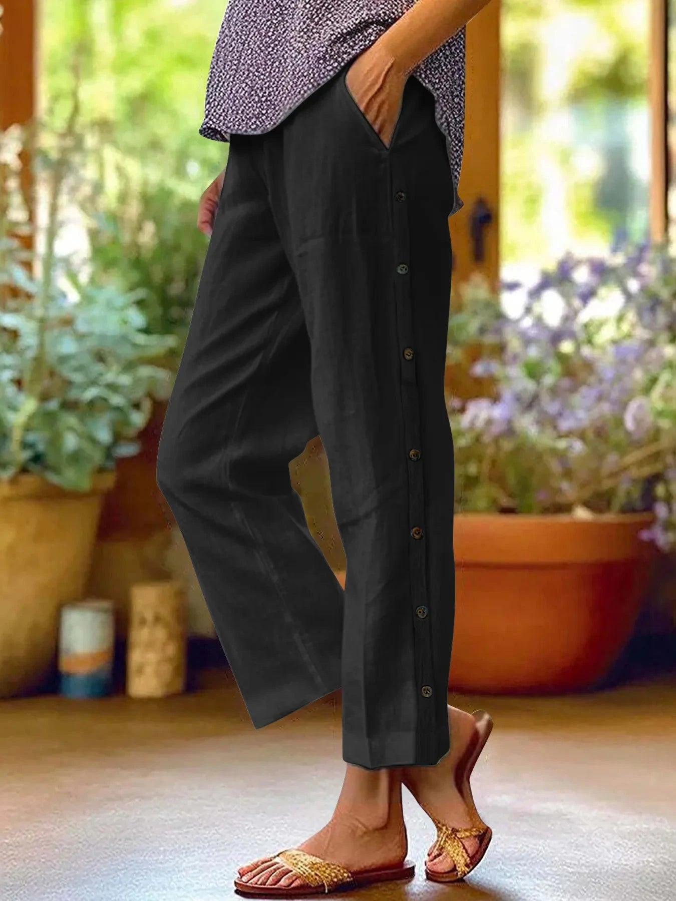 Full Size Side Decor Button Casual Wide Leg Pants Plus Size Black / S