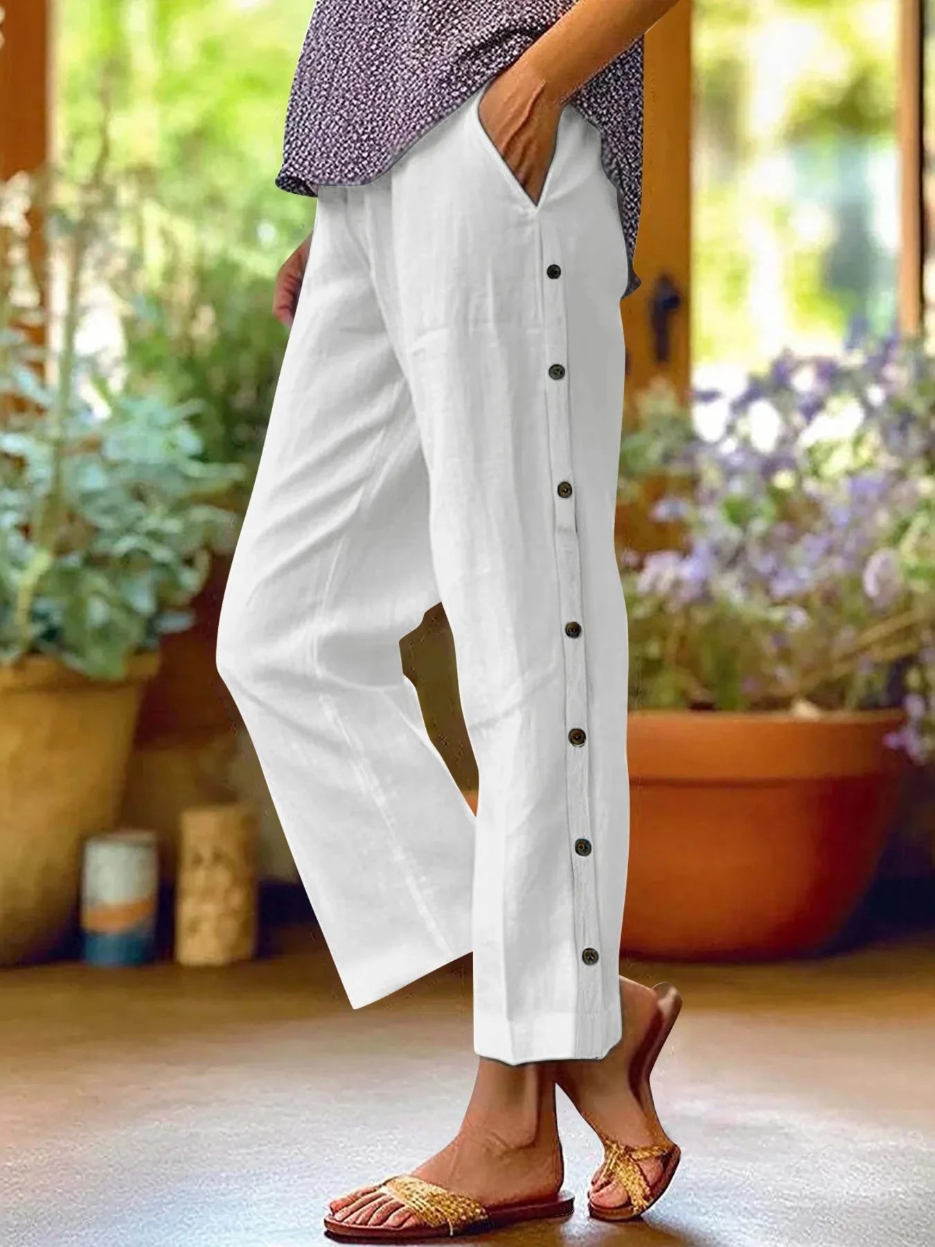 Full Size Side Decor Button Casual Wide Leg Pants Plus Size White / S