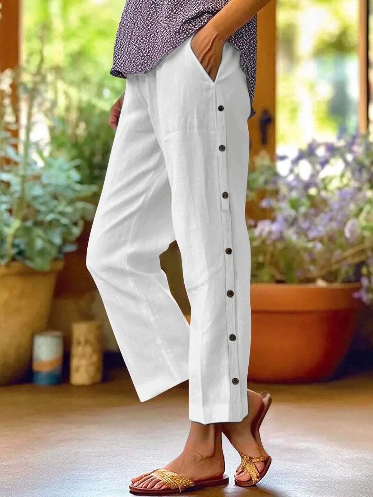 Full Size Side Decor Button Casual Wide Leg Pants Plus Size White / S