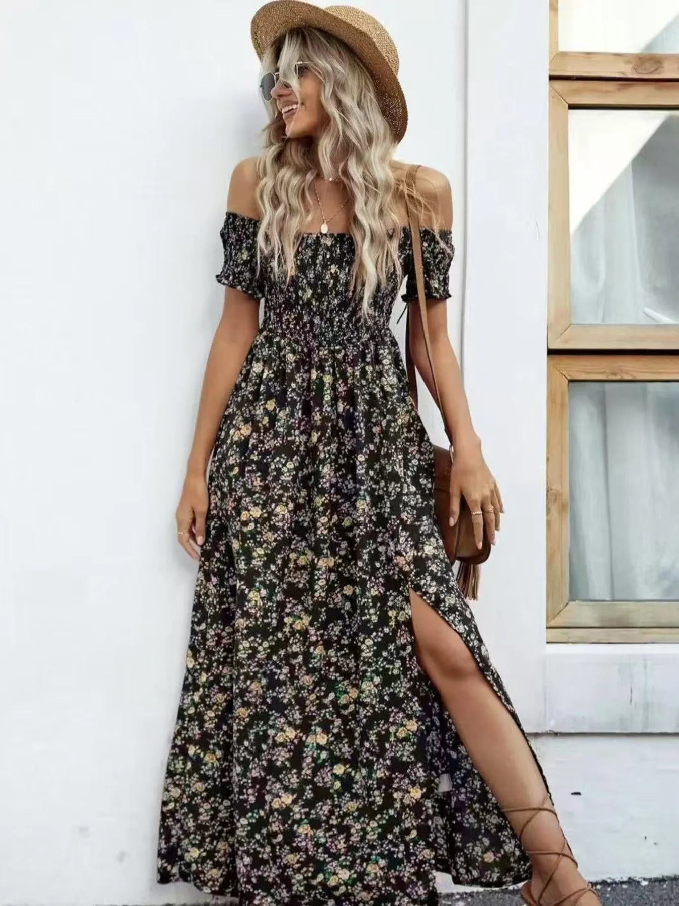 Full Size Slit Off-Shoulder Floral Midi Dress Plus Size Black / S