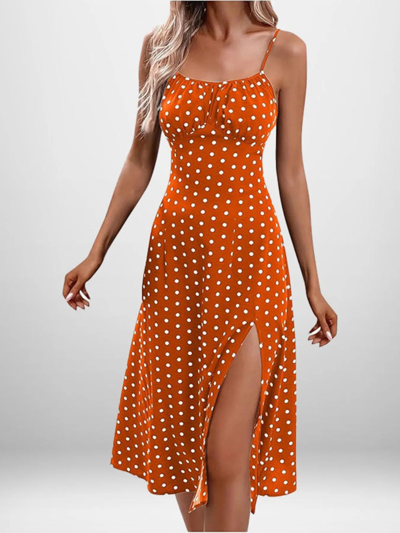 Full Size Slit Printed Cami Midi Dress Plus Size Orange Dot / S