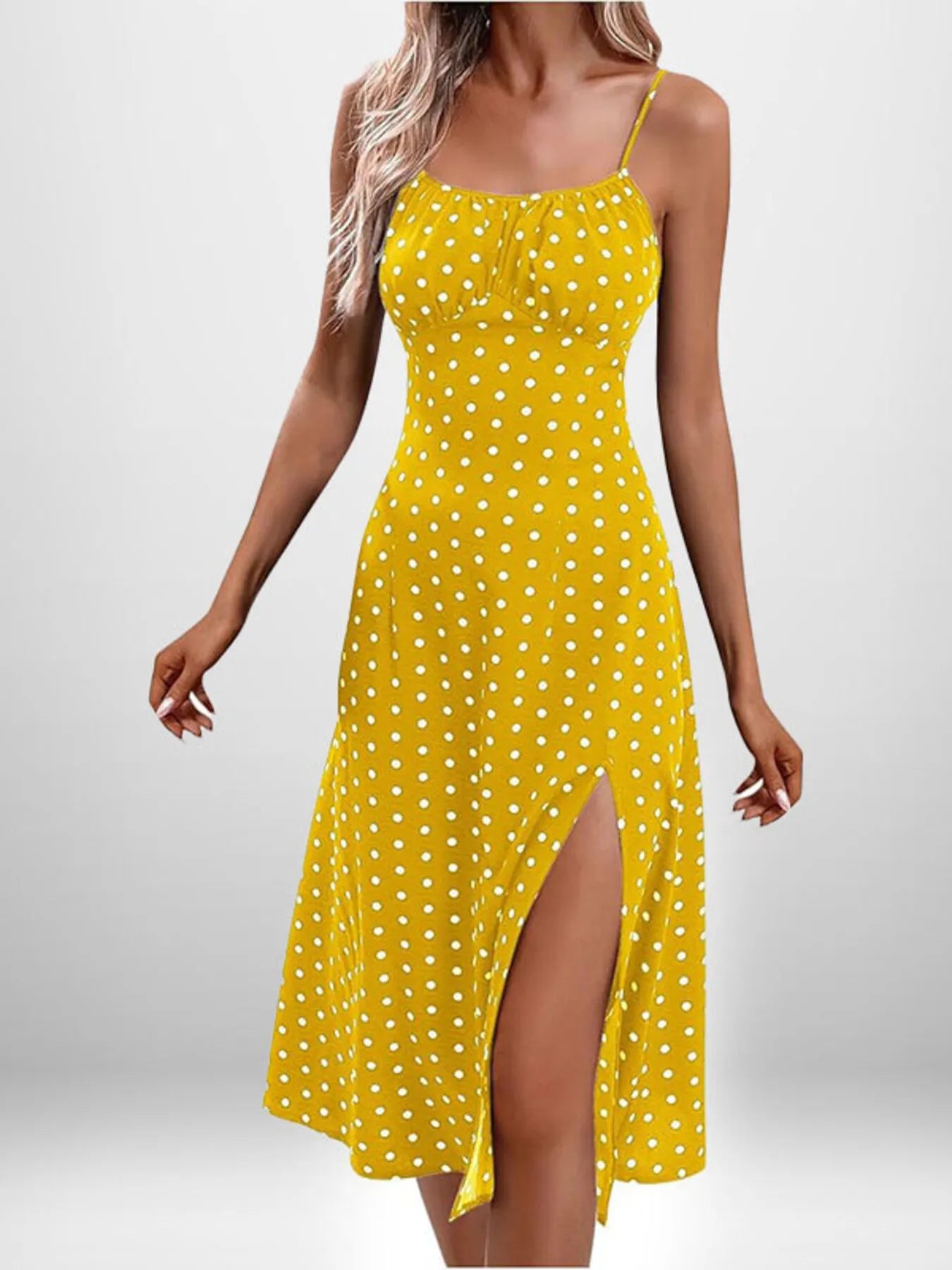 Full Size Slit Printed Cami Midi Dress Plus Size Yellow Dot / S