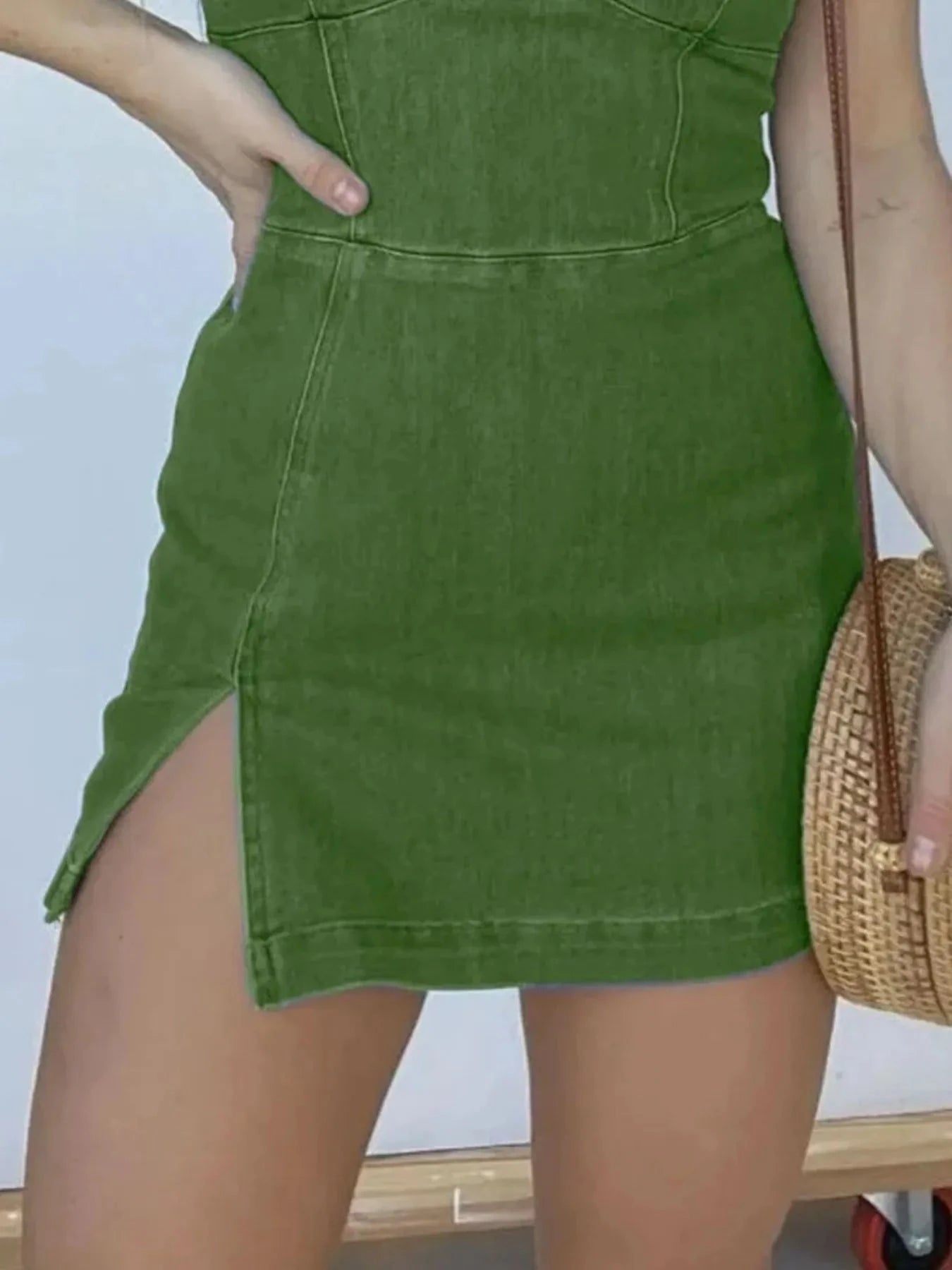 Full Size Slit Square Neck Denim Dress Plus Size