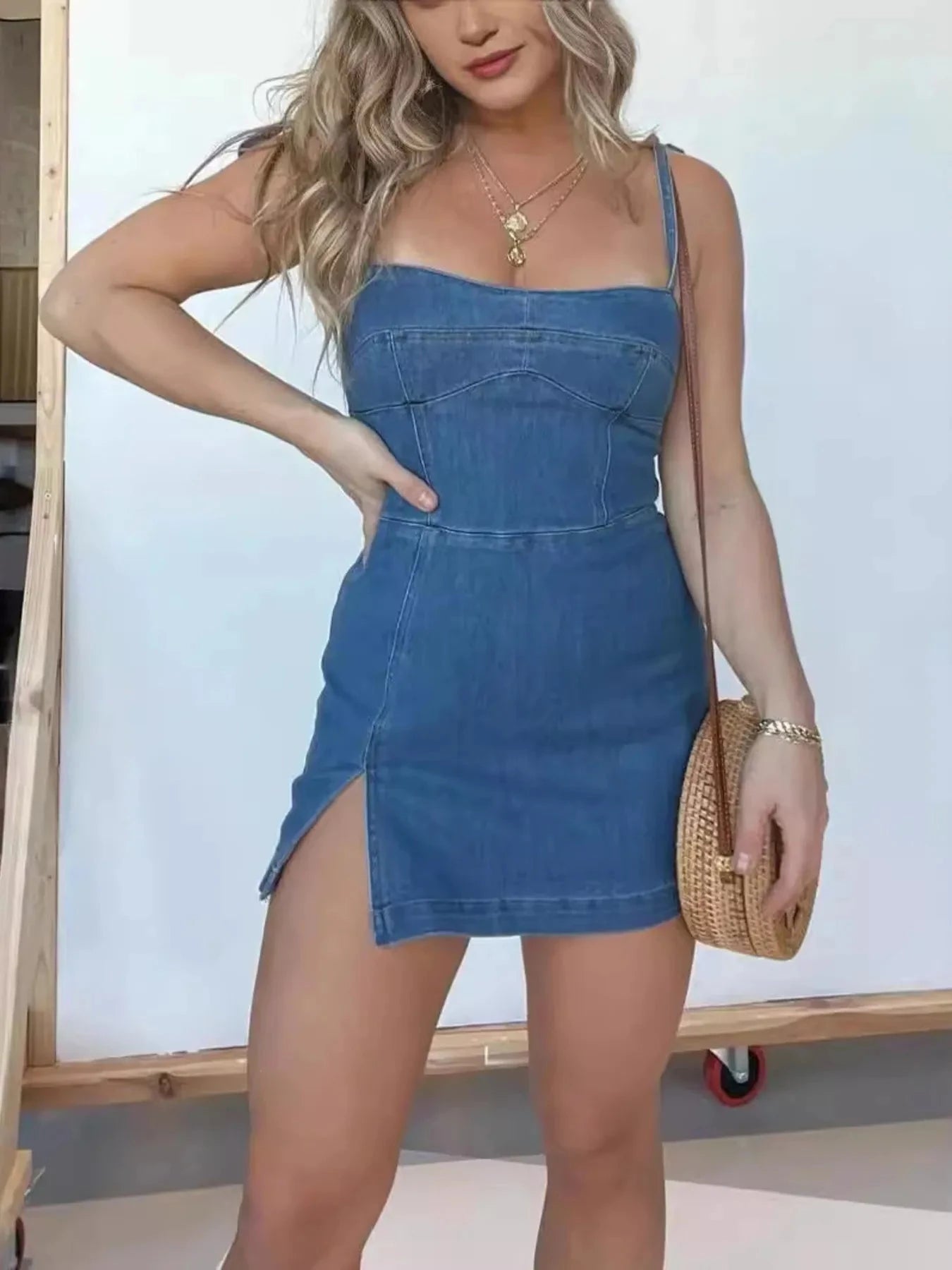 Full Size Slit Square Neck Denim Dress Plus Size