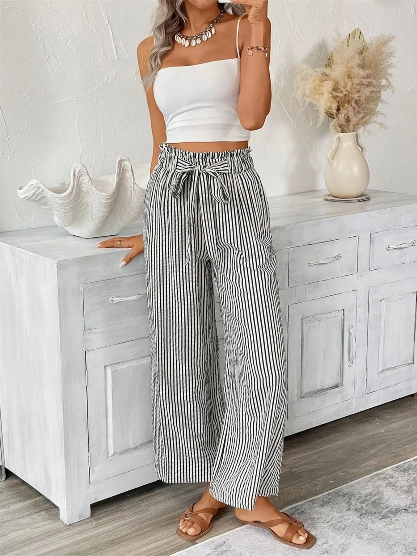 Full Size Striped Wide Leg Paper Bag Pants Plus Size