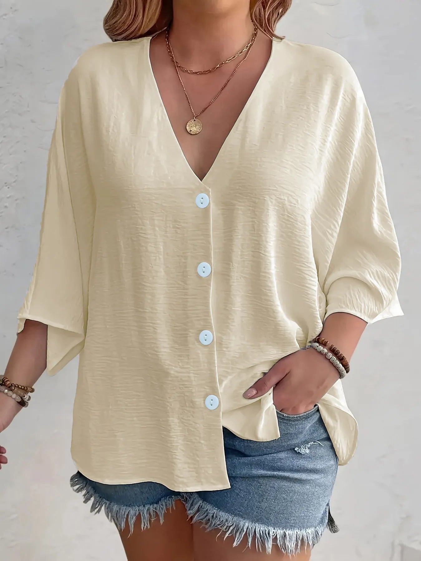 Full Size V-Neck Button Down Shirt Plus Size Apricot / S
