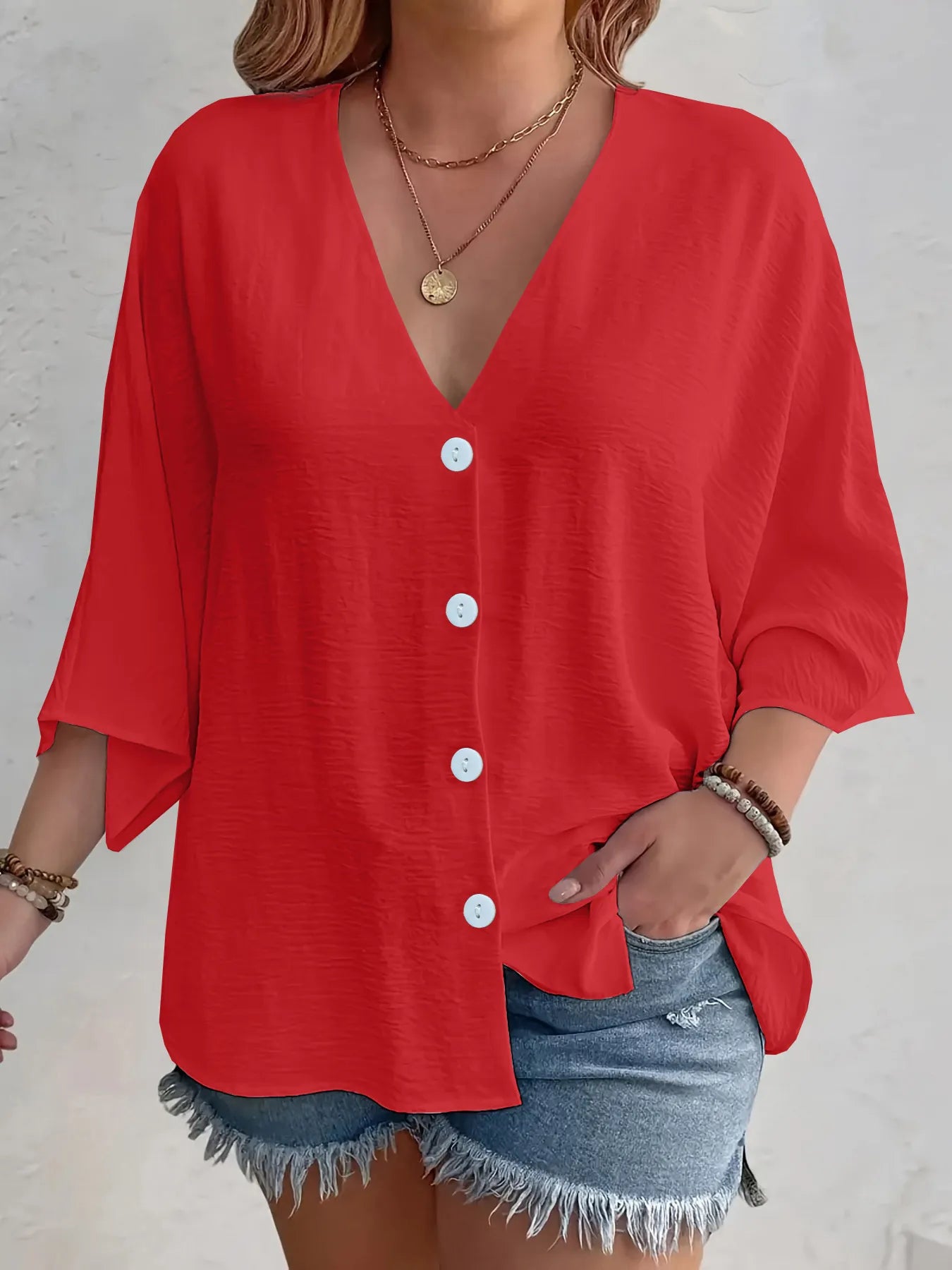Full Size V-Neck Button Down Shirt Plus Size Red / S