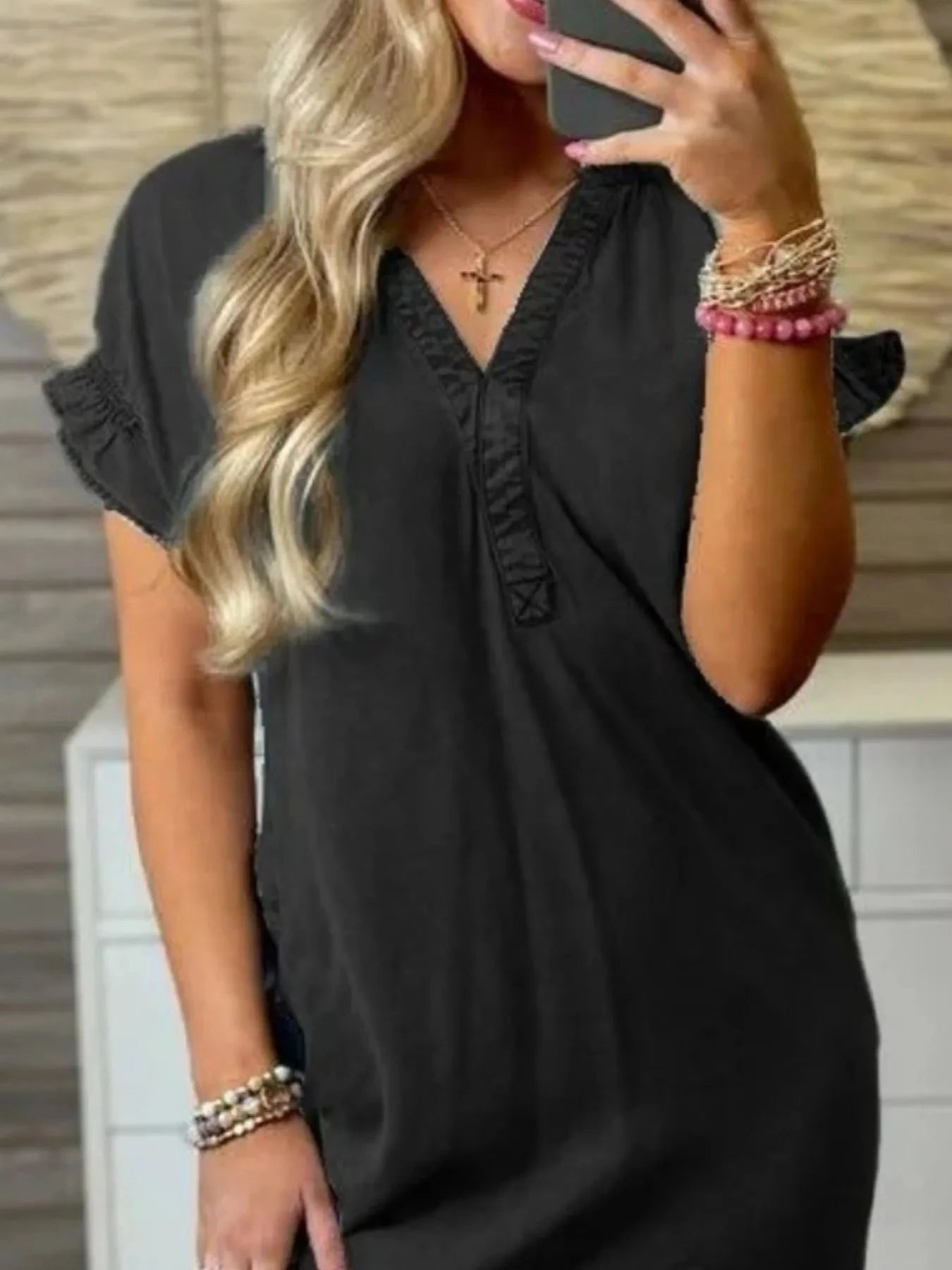 Full Size V-Neck Short Sleeve Denim Dress Plus Size
