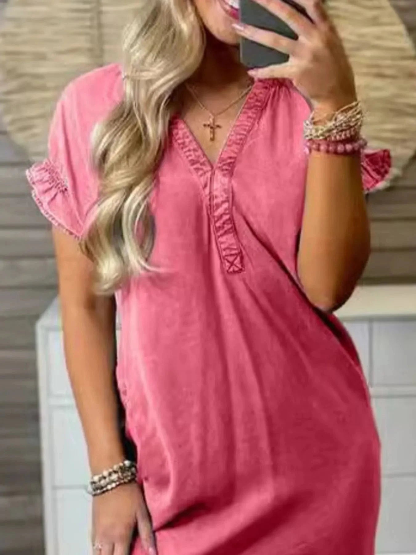 Full Size V-Neck Short Sleeve Denim Dress Plus Size