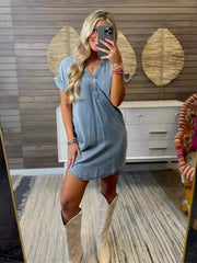 Full Size V-Neck Short Sleeve Denim Dress Plus Size Blue / S