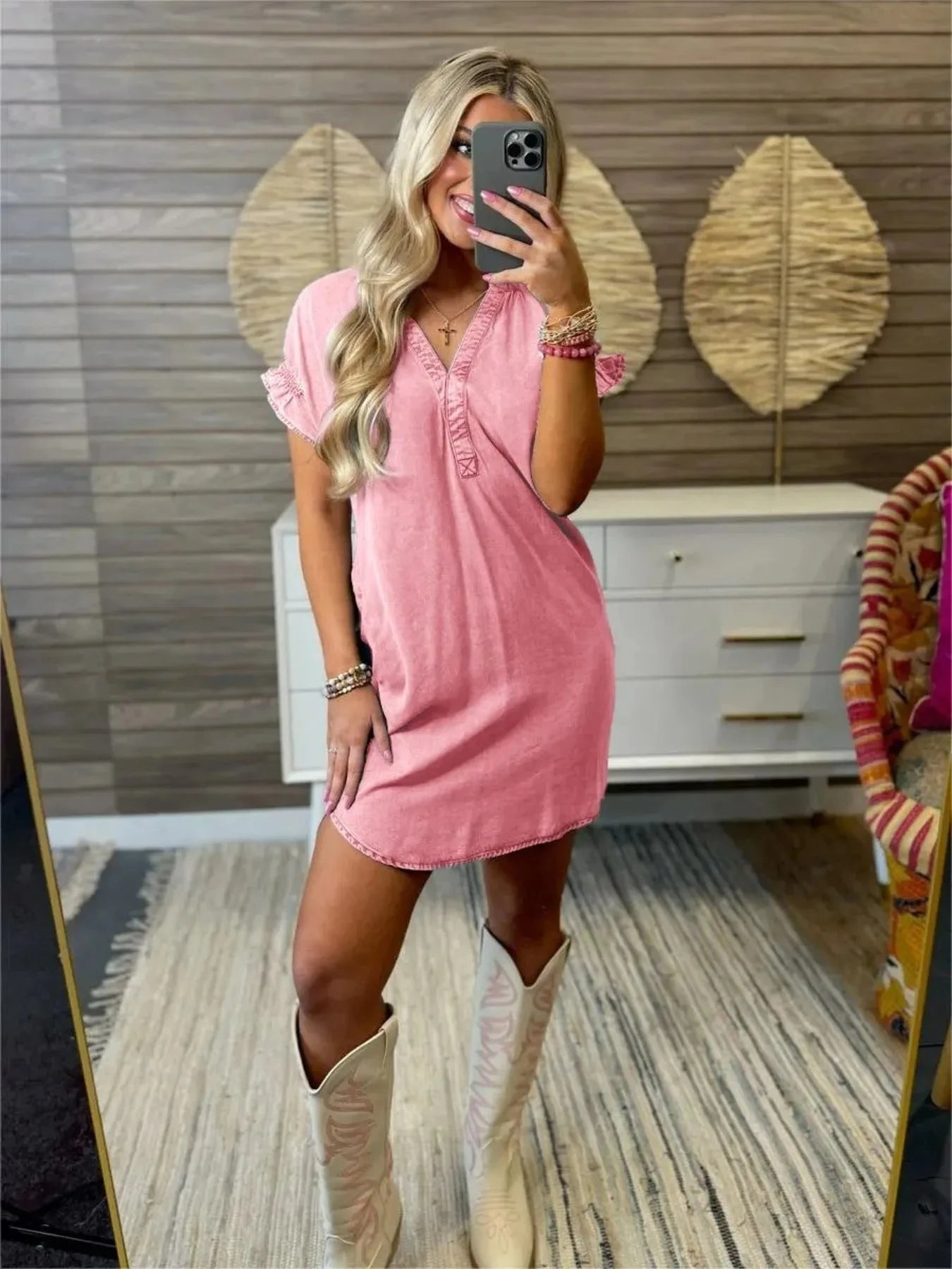 Full Size V-Neck Short Sleeve Denim Dress Plus Size Pink / S