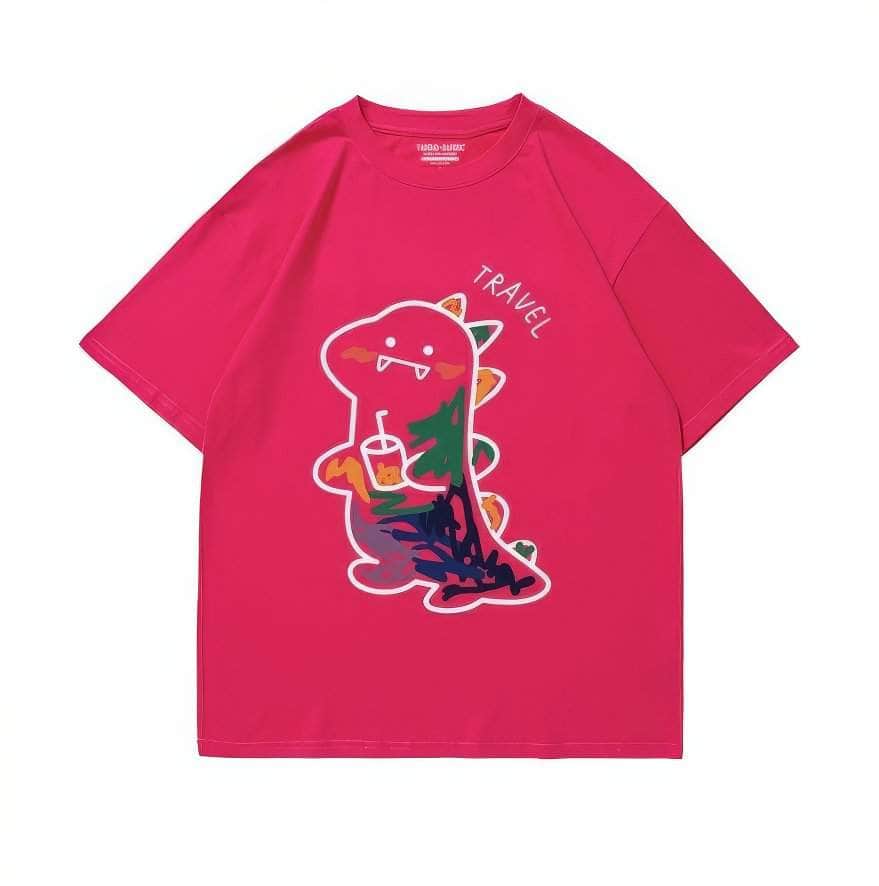 Fun Dinosaur with Drink Design T-Shirt US 4 / DeepPink