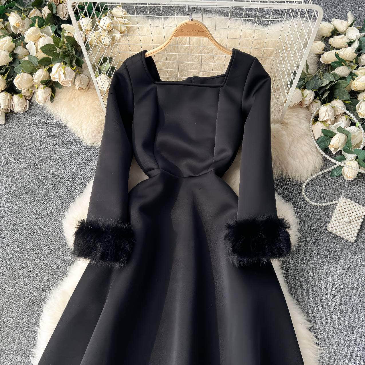 Furry Long Sleeves Square Neck Scuba Dress