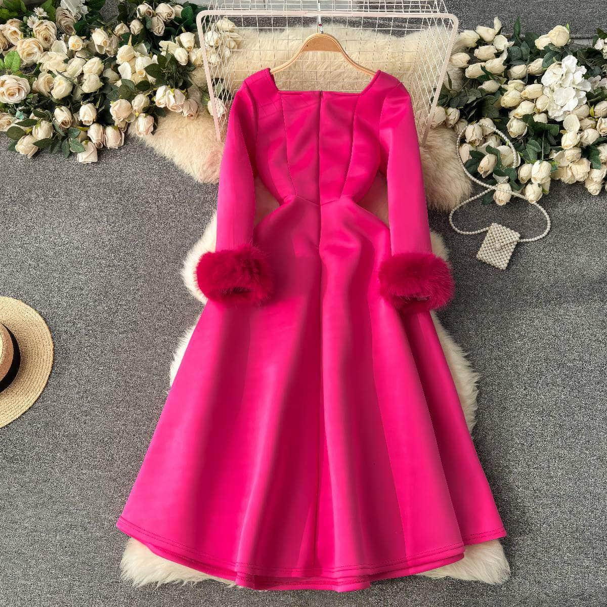 Furry Long Sleeves Square Neck Scuba Dress