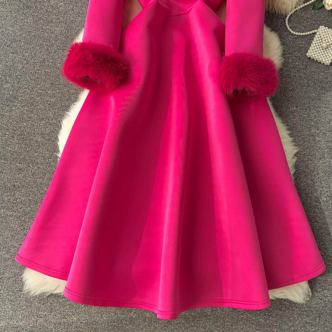 Furry Long Sleeves Square Neck Scuba Dress