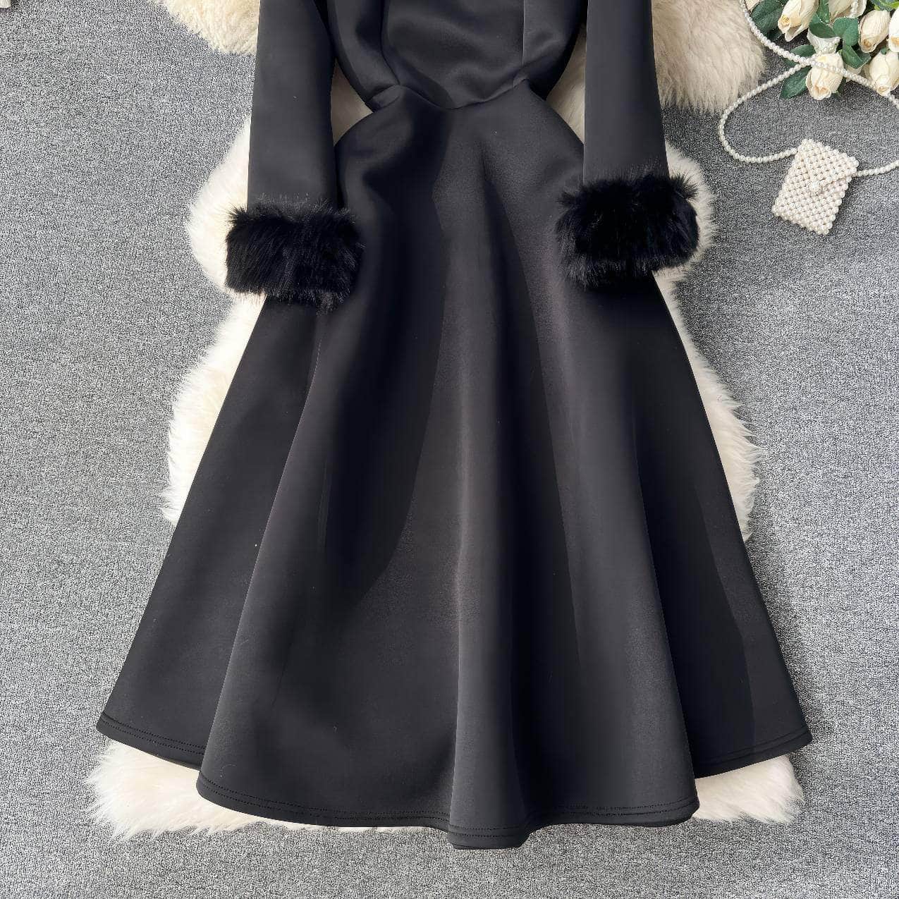 Furry Long Sleeves Square Neck Scuba Dress