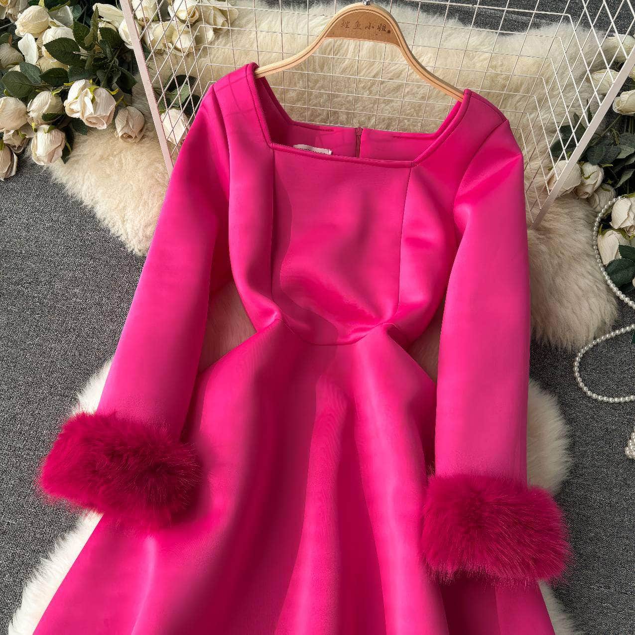 Furry Long Sleeves Square Neck Scuba Dress