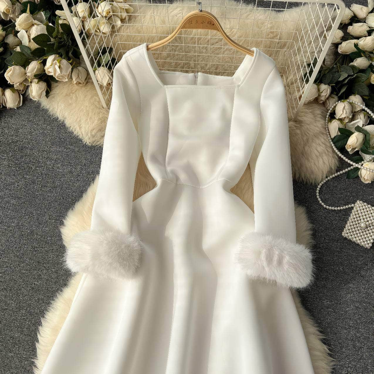 Furry Long Sleeves Square Neck Scuba Dress