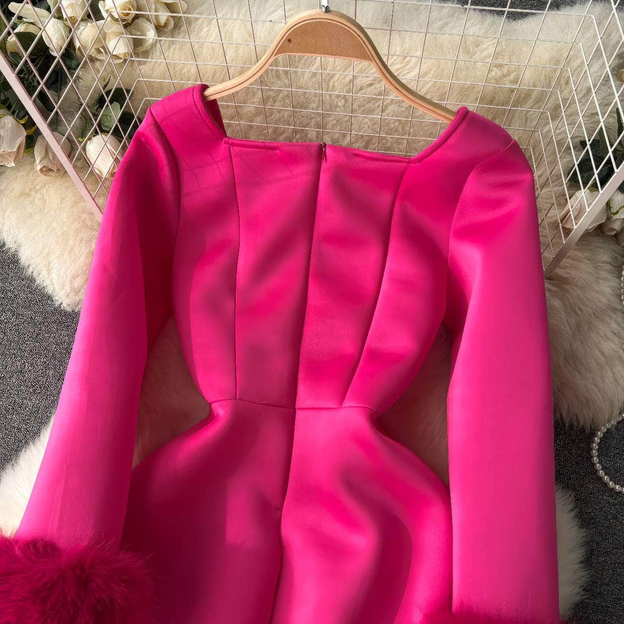 Furry Long Sleeves Square Neck Scuba Dress
