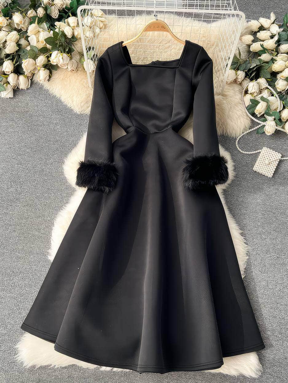 Furry Long Sleeves Square Neck Scuba Dress S / Black