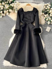 Furry Long Sleeves Square Neck Scuba Dress S / Black