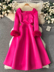 Furry Long Sleeves Square Neck Scuba Dress S / DeepPink