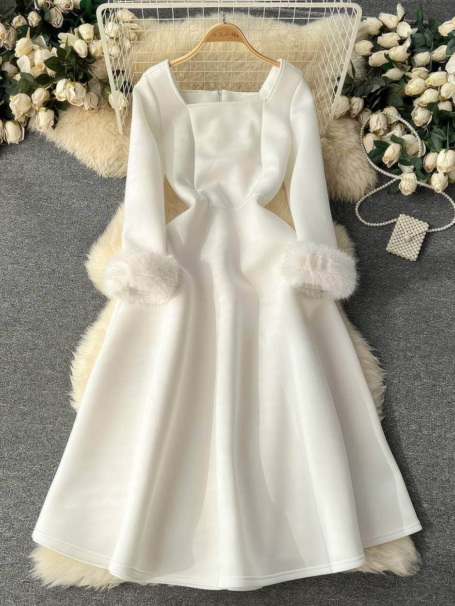 Furry Long Sleeves Square Neck Scuba Dress S / White