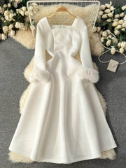 Furry Long Sleeves Square Neck Scuba Dress S / White