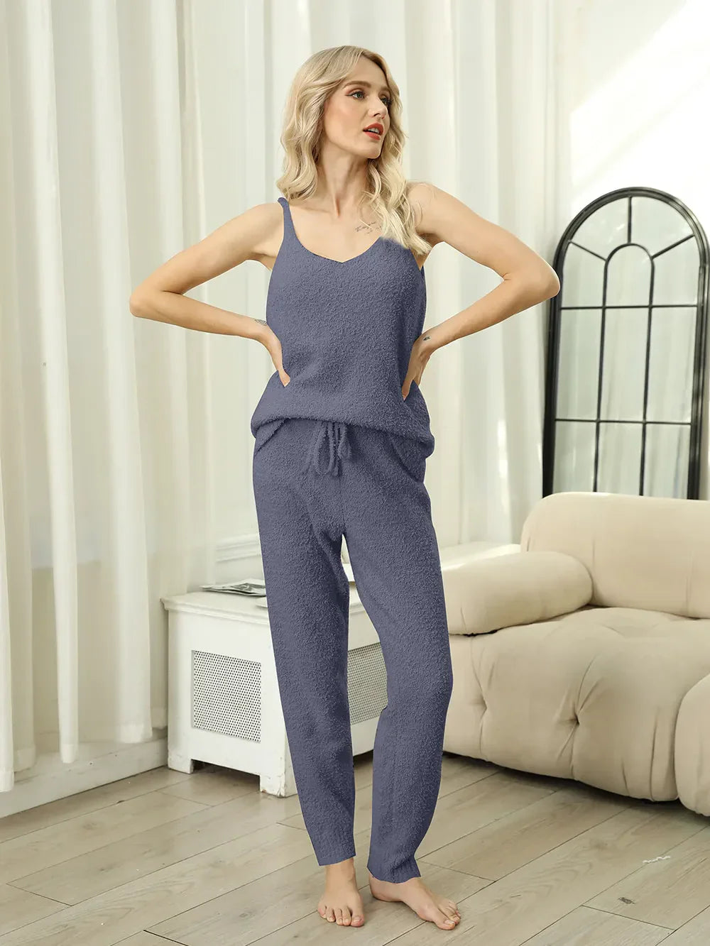 Fuzzy V-Neck Cami and Pants Lounge Set Dusty Blue / S