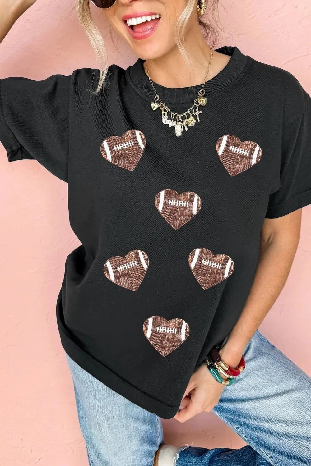 Game Day Football Heart Round Neck T-Shirt