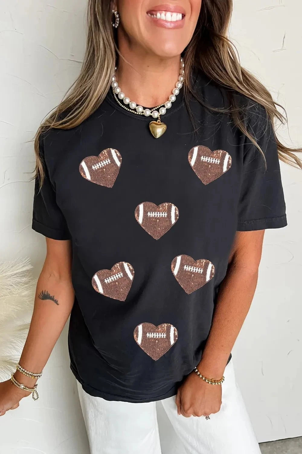 Game Day Football Heart Round Neck T-Shirt