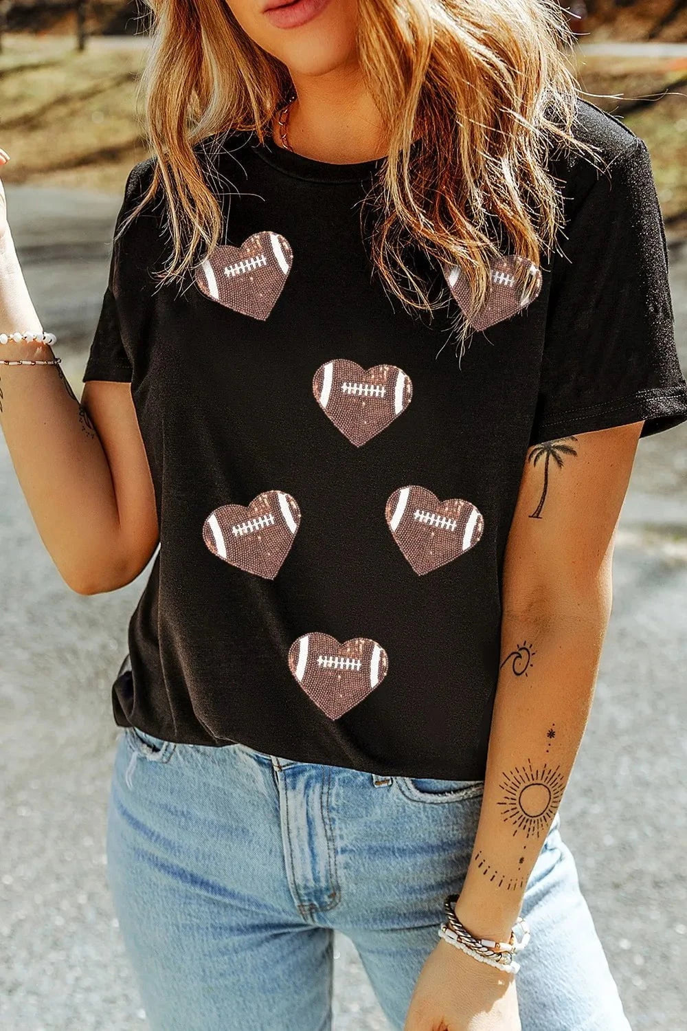 Game Day Football Heart Round Neck T-Shirt