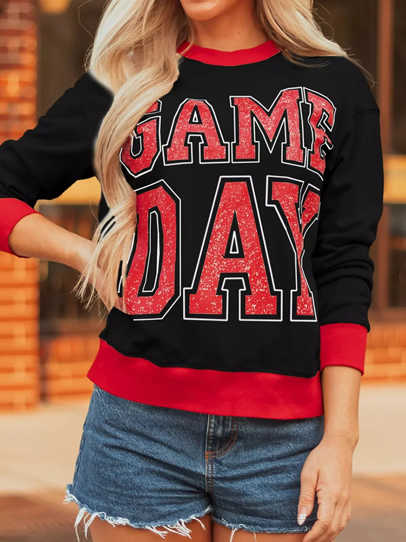 GAME DAY Letter Graphic Varsity Striped Detail Baggy Sweatshirt